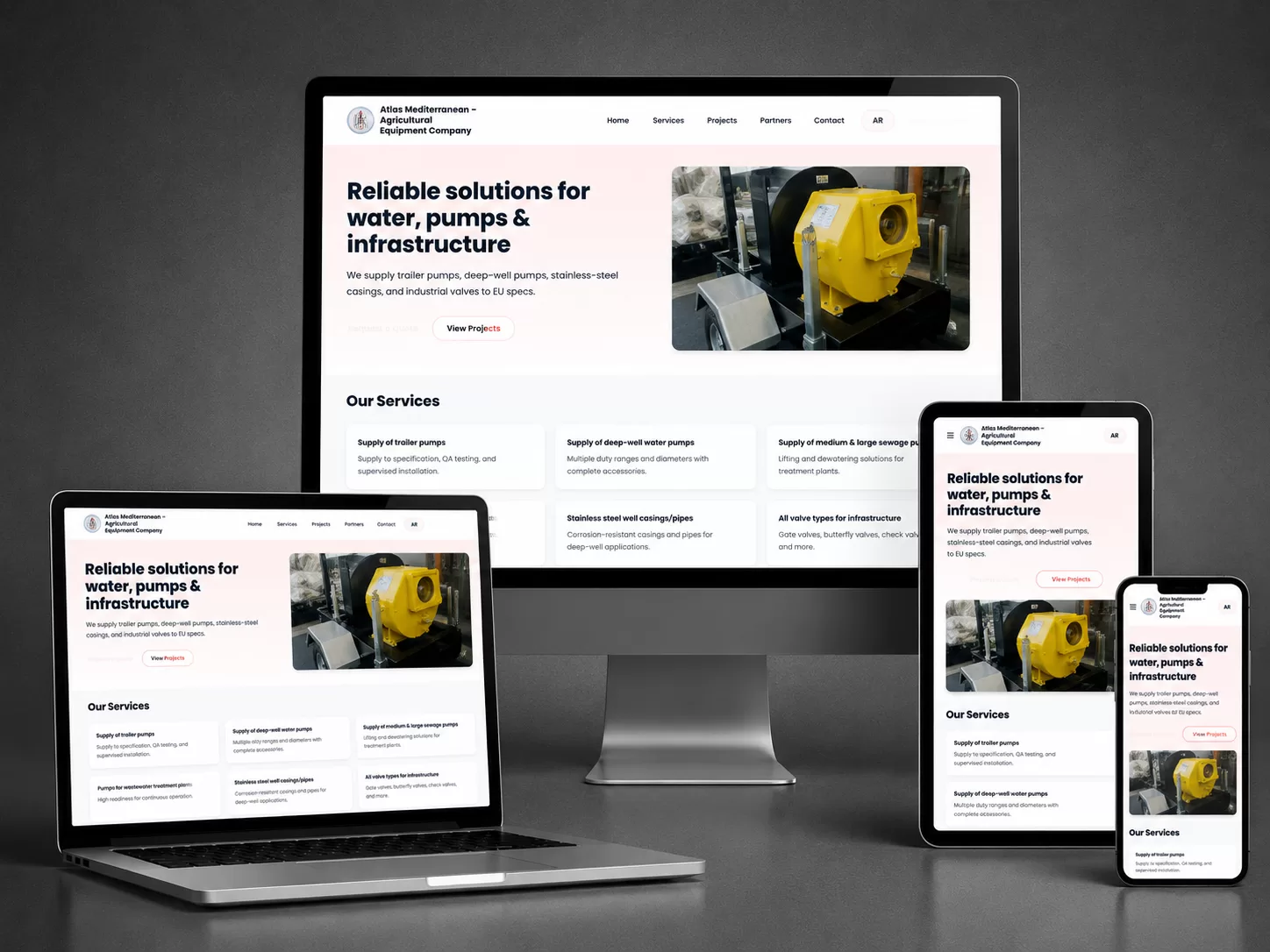 واجهة موقع تصميم وتطوير موقع شركة أطلس المتوسط لاستيراد المعدات الزراعية من تنفيذ المبرمجة