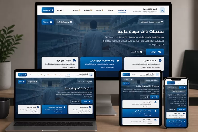 واجهة موقع تصميم وتطوير موقع شركة الفا الدولية من تنفيذ المبرمجة